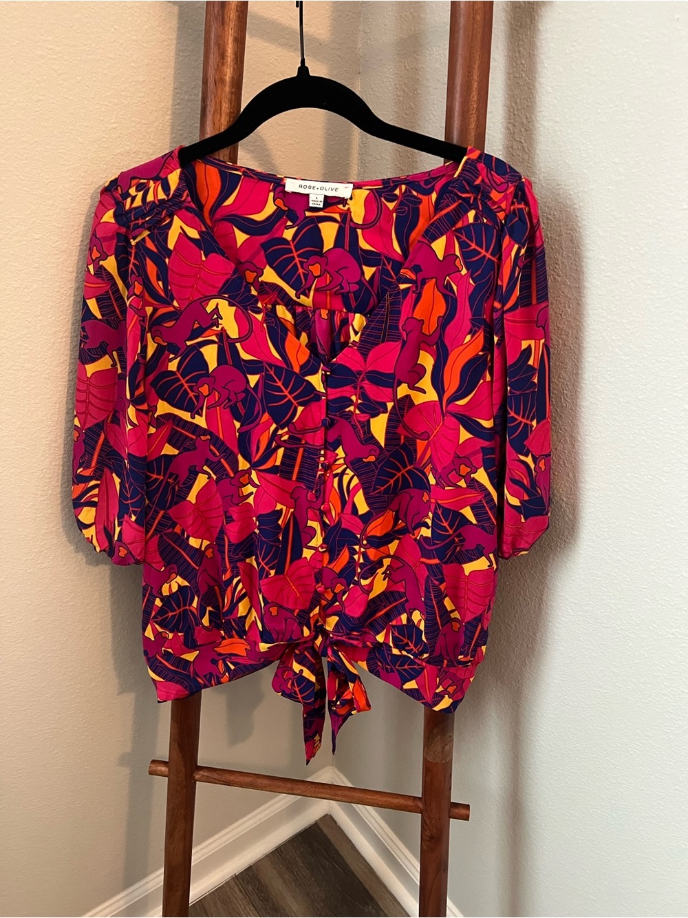 Rose & Olive Fuchsia and Orange Leaf Tie-Front Blouse